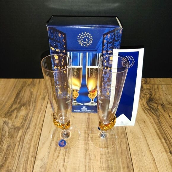 Royal Copenhagen Neptun Millenium Champagne Glasses New Year 1999-2000 - Picture 1 of 10